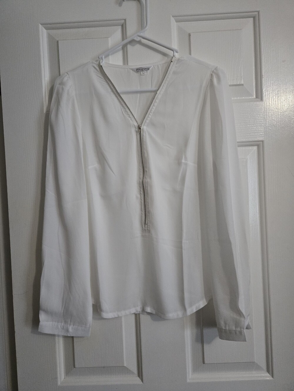 Maevor White Zip-Front Long-Sleeve Blouse